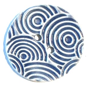 Sprightly 1.5-inch handmade porcelain ceramic extra-large sewing button cornflower blue & white concentric circles collectible dated 2024