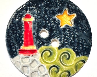 Jumbo lighthouse 2.4-inch handmade collectible button porcelain extra large collectible star sescoast beach red navy blue multi dated 2024