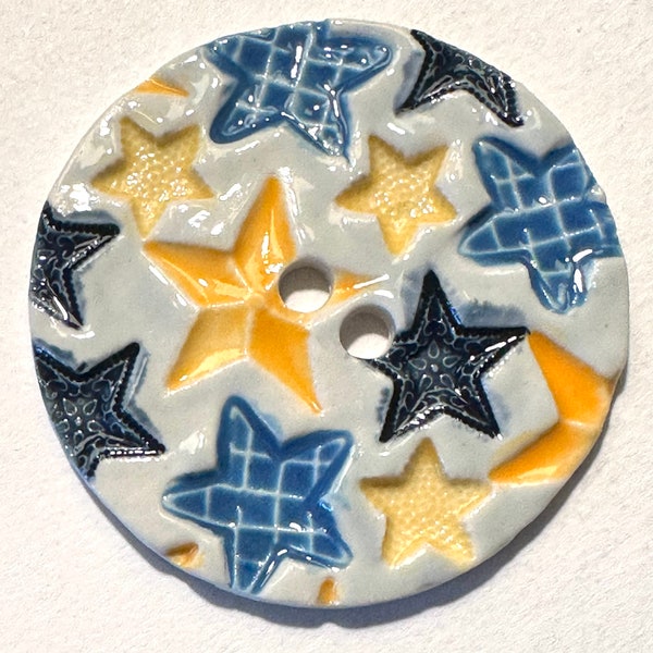 Jumbo stars! 2.48-inch button extra large handmade fine porcelain ceramic Fourth of July yellow blue nautical beach collectible dated 2024