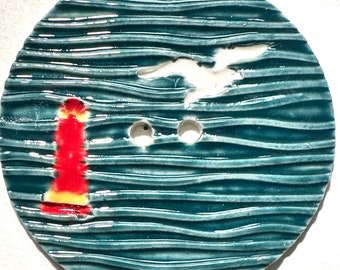 Extra jumbo 3.12-inch handmade porcelain ceramic extra large button red lighthouse white seagull seashore wavy teal sky beach dated 2024