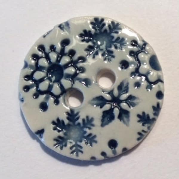 Let it snow! 1.5-inch handmade fine English porcelain ceramic sewing buttons, cobalt navy blue snowflakes on white Christmas winter skiing