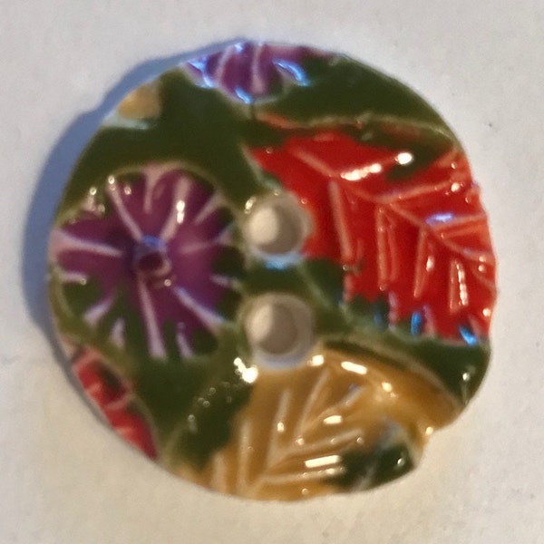 Leaf peepers, 1.18-inch handmade fine English porcelain ceramic buttons, autumn leaves orange yellow purple green multicolor sewing crochet