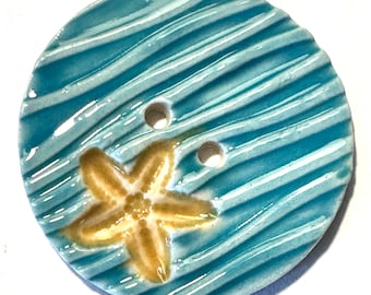 Beach find! 1.78-inch handmade button porcelain ceramic starfish & water stripes yellow turquoise coastal seashore collectible dated 2024