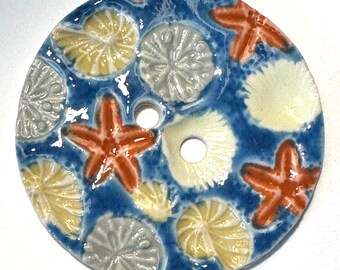 Jumbo beach button 2.40-inch handmade extra large porcelain ceramic starfish sand dollars seashells cinnamon yellow taupe blue coastal style