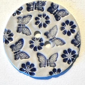 Jumbo button 2.40-inch handmade fine porcelain ceramic extra large button blue butterflies butterfly & daisy flowers collectible dated 2024