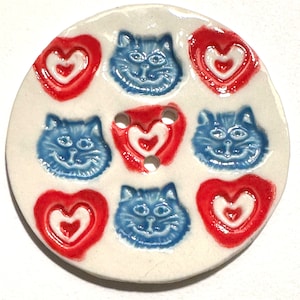 Jumbo cat 2.40-inch handmade English porcelain ceramic sewing button extra large red white blue kittens hearts collectible cat lover gift