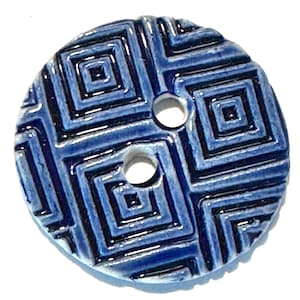Squared away 1.44-inch handmade porcelain ceramic sewing button glossy cobalt blue glaze enhances squares-within-squares geometric pattern
