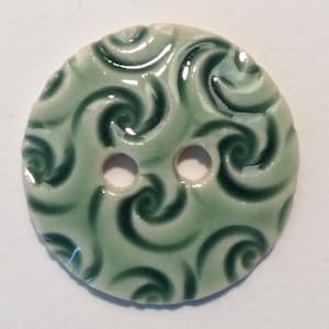Lovely, 1.5-inch, handmade porcelain buttons, glossy, gentle forest green, Christmas-tree green, swirl motif, original, circular ceramic