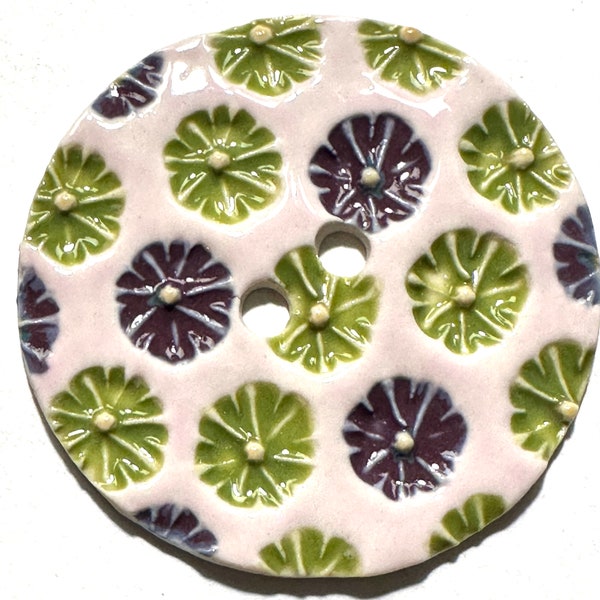 Jumbo 2.40-inch handmade fine porcelain ceramic extra large sewing button daisy flowers daisies purple pale lavender lime green dated 2023