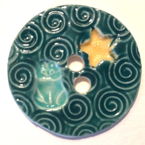 Whimsical 1.75-inch handmade porcelain ceramic cat kitten & star button unique yellow turquoise blue teal collectible initialed dated 2023