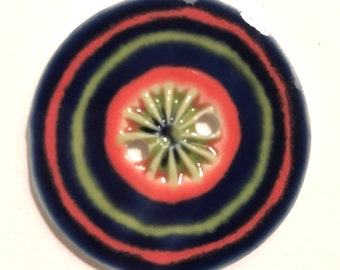 Joy of color! 1.75-inch handmade English porcelain ceramic button multicolor rainbow red navy orange one of a kind initialed dated 2022