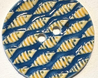 Jumbo 2.40-inch handmade English porcelain ceramic extra large sewing button butter yellow fish fishes on blue nautical beach seashore coast