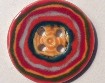 Joy of color! 1.5-inch handmade fine English porcelain button, multicolor rainbow lavender ruby yellow green, one of a kind, dated 2021