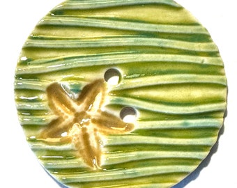 Beach find! 1.78-inch handmade button porcelain ceramic starfish and water stripes yellow lime green coastal seashore collectible dated 2024