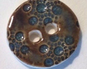 Dreamy ****** scant 1-inch (15/16-inch) handmade porcelain ceramic pottery sewing buttons dotted floral luminous aqua turquoise blue brown