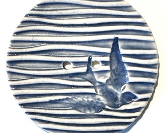 Jumbo 2.38-inch bird button handmade English porcelain ceramic sewing bluebird dove textured blue & white stripes waves birdlover dated 2024