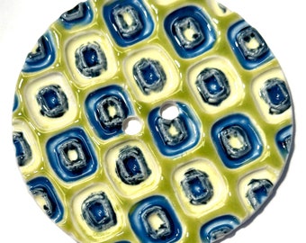 Extra jumbo 3.06-inch button handmade porcelain ceramic extra-large denim navy blue green yellow eye-catching texture collectible dated 2024