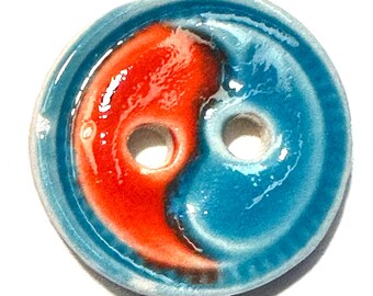 Vibrant 1 and 1/16-inch fine English porcelain handmade buttons, glossy wave yin yang design in orange & and turquoise blue, Asian motif