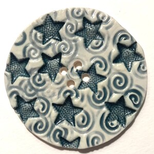 Jumbo stars! 2.48-inch extra large handmade English porcelain ceramic collectible sewing buttons Fourth of July blue & white dated 2023