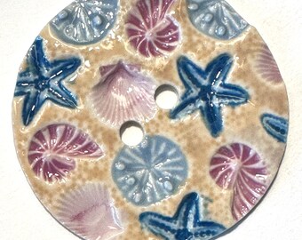 Jumbo beach button 2.38-inch handmade extra large porcelain ceramic starfish sand dollars seashells pastel lilac pink blue cream coastal