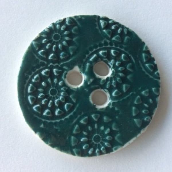 Festive touch! Teal green glossy, rustic, country, floral medallion motif, circular, 1.75-inch, 3 holes, handmade stoneware ceramic buttons