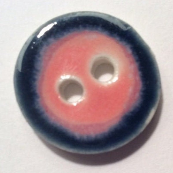 Joy of color! Nearly 1-inch (15/16-inch) handmade English porcelain ceramic buttons, pretty pink encircled by rich cobalt navy indigo blue