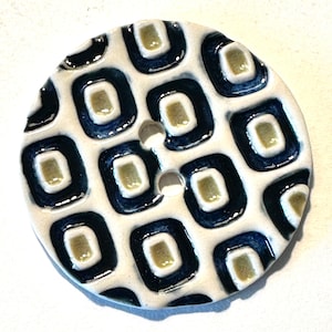 Jumbo 2.38-inch button handmade porcelain ceramic artisan extra-large sewing navy blue gold white eye-catcher artisan collectible dated 2024