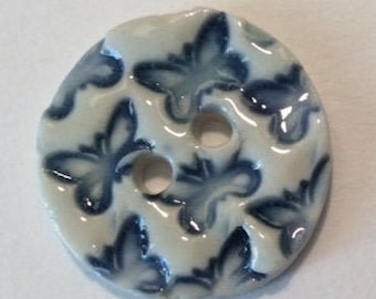 Oh, joy!  1 and 1/16-inch handmade fine English porcelain ceramic pottery buttons Delft blue & white butterfly butterflies sewing knitting