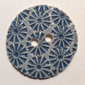 Dreamy! 1.75-inch, handmade fine English porcelain ceramic pottery sewing knitting button, blue floral starburst fireworks, one of a kind