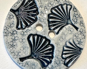 Jumbo button, 2.38-inch handmade fine English porcelain ceramic pottery sewing Delft navy blue gingko leaf leaves on blue & white dated 2024