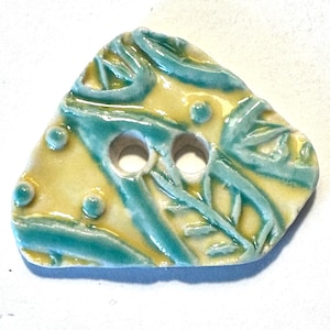 Very special 1 and 5/8-inch handmade fine English porcelain ceramic pottery sewing buttons blue-green & lemon yellow initialed dated 2021