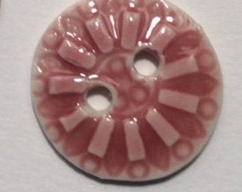 Pretty 1-inch rose pink porcelain ceramic pottery buttons, floral sunshine wheel spoke design, circular, sewing notion, handmade