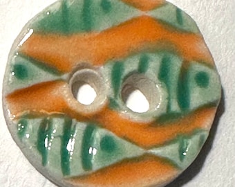 Go, fish! Scant 1-inch (15/16-inch) handmade fine English porcelain ceramic pottery sewing buttons, green fish on orange, seashore beach