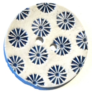 Jumbo 2.38-inch handmade button fine English porcelain ceramic extra large navy blue & white daisy flowers daisies collectible dated 2024
