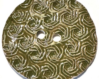 Jumbo 2.45-inch button handmade English porcelain ceramic extra-large fascinating texture moss olive green  artisan collectible dated 2024
