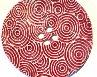 Jumbo 2.38-inch handmade English porcelain ceramic extra large sewing knitting craft button classic lipstick red concentric circles on white