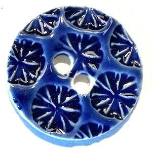 Striking, 1.5-inch glossy cobalt blue, floral flower starburst sewing buttons, handmade fine porcelain ceramic, collectible initialed dated