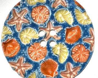 Extra-jumbo beach button! 3.12-inch handmade extra large porcelain ceramic starfish sand dollars seashells peach blue yellow dated 2024