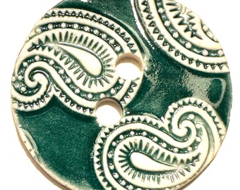 Paisley flair 1.75-inch, handmade fine English porcelain ceramic sewing button Mod sixties Carnaby Street style midnight teal green & white