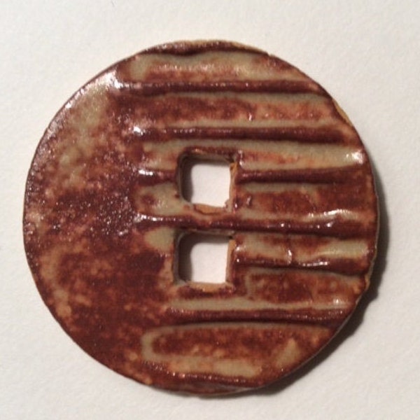 Bamboo motif 1.5-inch handmade stoneware ceramic pottery buttons, rust brown, splash of cream, Asian inspired, square holes, signed dated