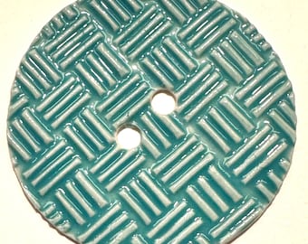 Jumbo 2.4-inch handmade English porcelain ceramic extra-large artisan button aqua turquoise blue woven basketweave collectible dated 2024