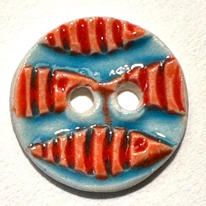 Go, fish! Scant 1-inch (15/16-inch) handmade fine English porcelain ceramic pottery sewing buttons vibrant orange & blue fish seashore beach