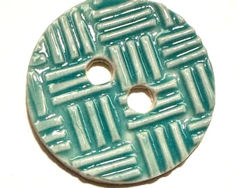 Cheerful scant 1.5-inch handmade English porcelain ceramic artisan buttons aqua turquoise blue woven basketweave sew knot crafts dated 2024