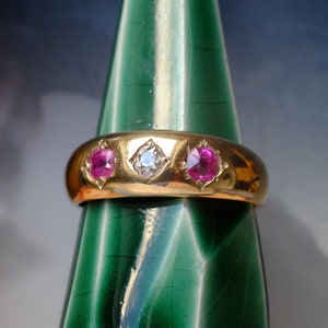 Antique Victorian 18ct Gold Diamond & Ruby Trilogy Ring, hallmarked 1888