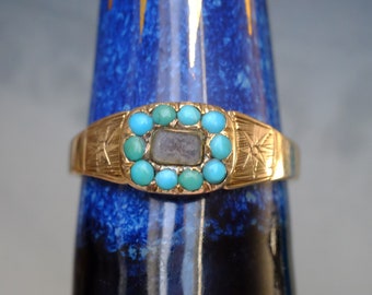 Antique Victorian 15ct Gold & Turquoise Hair Locket Mourning Ring, circa 1850