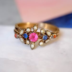 Unusual Antique Georgian Pearl & Multi Gem Paste Gimmel Ring, circa 1820