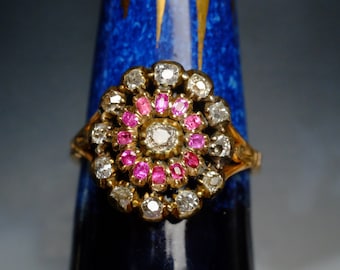 Antique Early Victorian 18ct Gold Silver Ruby & Diamond Cluster Ring