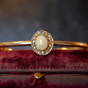 Antique Late Victorian 15ct Gold Opal & Rose Cut Diamond Cluster Bangle, c1900