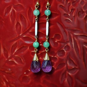 Vintage Enamel Jade & Faceted Amethyst Suffragette Colour Drop Earrings