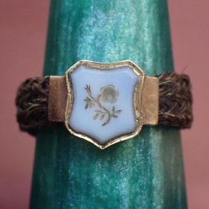 Antique Victorian Chalcedony Intaglio Rose Woven Hair Mourning Signet Ring